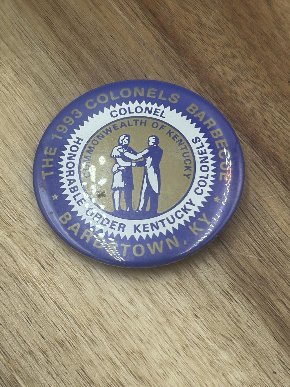 Vintage 1993 Kentucky Colonels Barbecue Bardstown KY Purple Gold Pinback Button